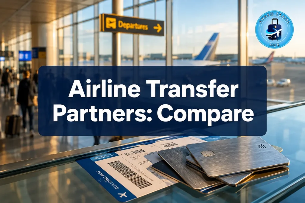 A stack of passports and boarding passes rests on an airport table, with travelers bustling nearby and a Departures sign glowing in the background. Text overlay reads: Airline Transfer Partners: Compare.