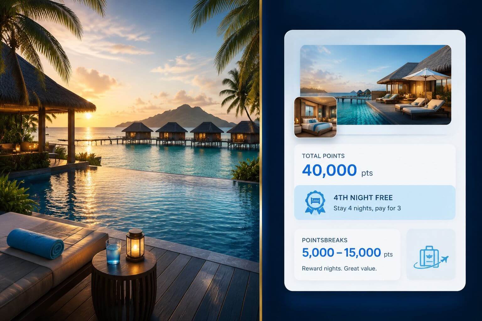 () split-screen editorial image: left side shows a luxury InterContinental resort pool at golden hour in Southeast Asia with