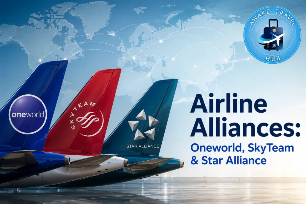 Three airplane tails with oneworld, SkyTeam, and Star Alliance logos showcase the world of Airline Alliances. The background features a world map with flight paths, highlighting the global reach of these major Airline Alliances. Text reads: Airline Alliances: Oneworld, SkyTeam & Star Alliance. Award Travel Hub badge appears in the top right.