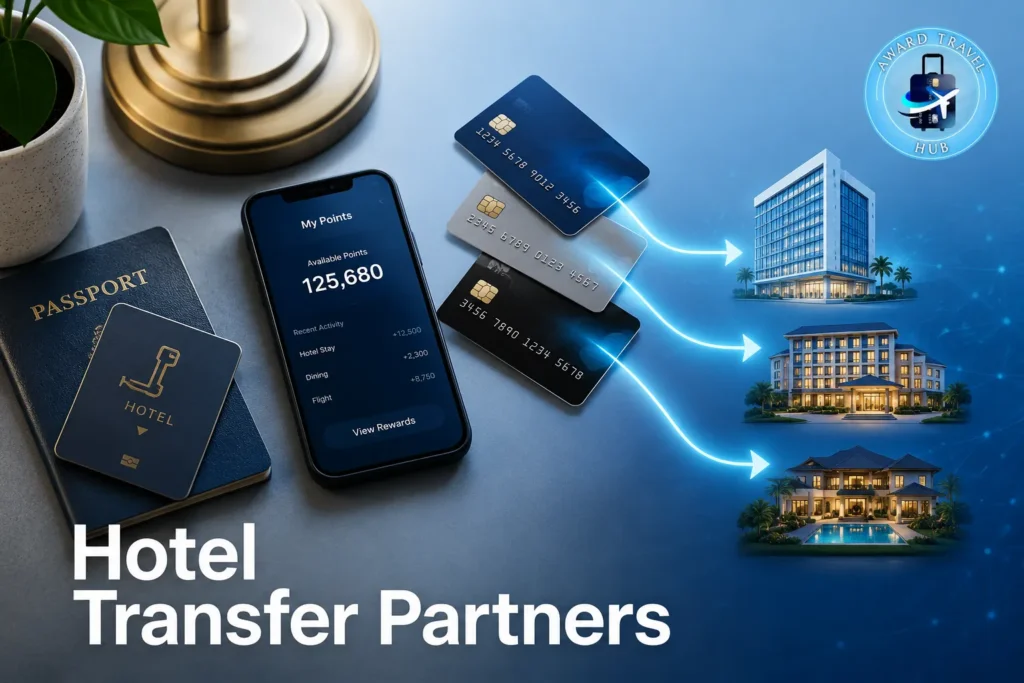 A phone displays reward points next to credit cards, a passport, and a hotel keycard. Arrows connect the cards to images of three hotels, visually demonstrating Hotel Transfer Partners and points transfer options. Text reads: Hotel Transfer Partners.