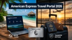 Split image: Left, a laptop displays the American Express Travel Portal 2026 with a tropical villa view; right, suitcase, US passport, and plane at sunset. Text: Book there and Transfer instead with American Express credit card shown.