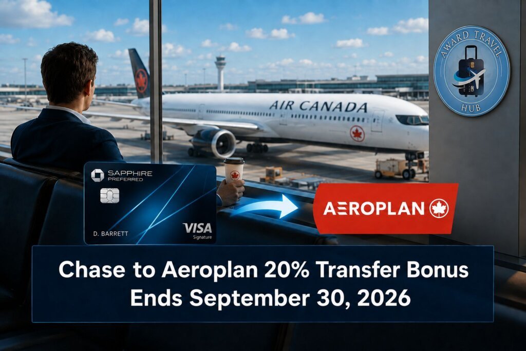 A man sits in an airport lounge, looking at an Air Canada plane. A Chase Sapphire Preferred card and Aeroplan logo are shown. Text: Don’t miss the Chase to Aeroplan 20% Transfer Bonus—offer ends September 30, 2026.