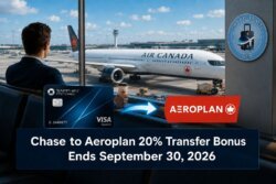 A man sits in an airport lounge, looking at an Air Canada plane. A Chase Sapphire Preferred card and Aeroplan logo are shown. Text: Don’t miss the Chase to Aeroplan 20% Transfer Bonus—offer ends September 30, 2026.