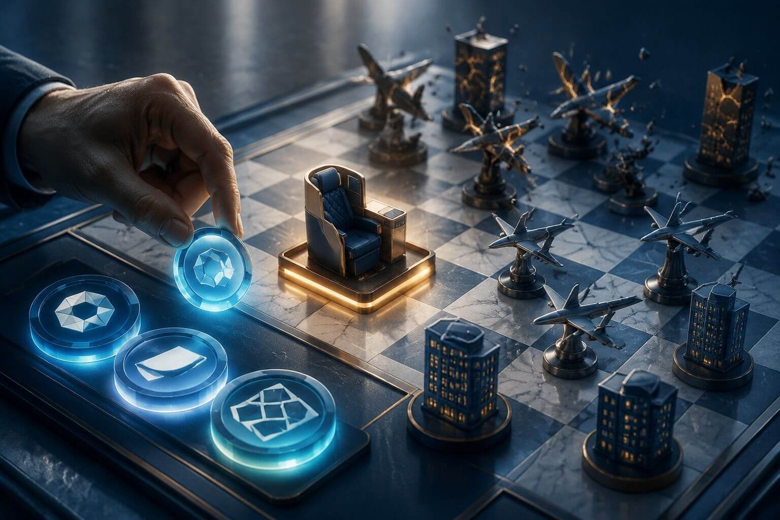 Landscape conceptual illustration of a strategist's chessboard where the pieces are miniature airplane and hotel icons, with