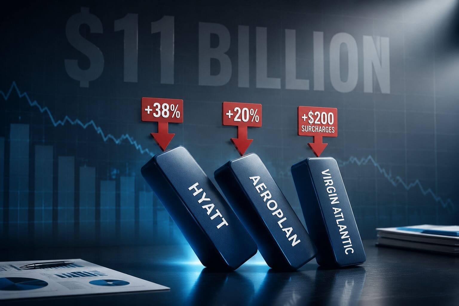 Landscape editorial infographic-style illustration showing three program logos as falling dominoes labeled Hyatt, Aeroplan,
