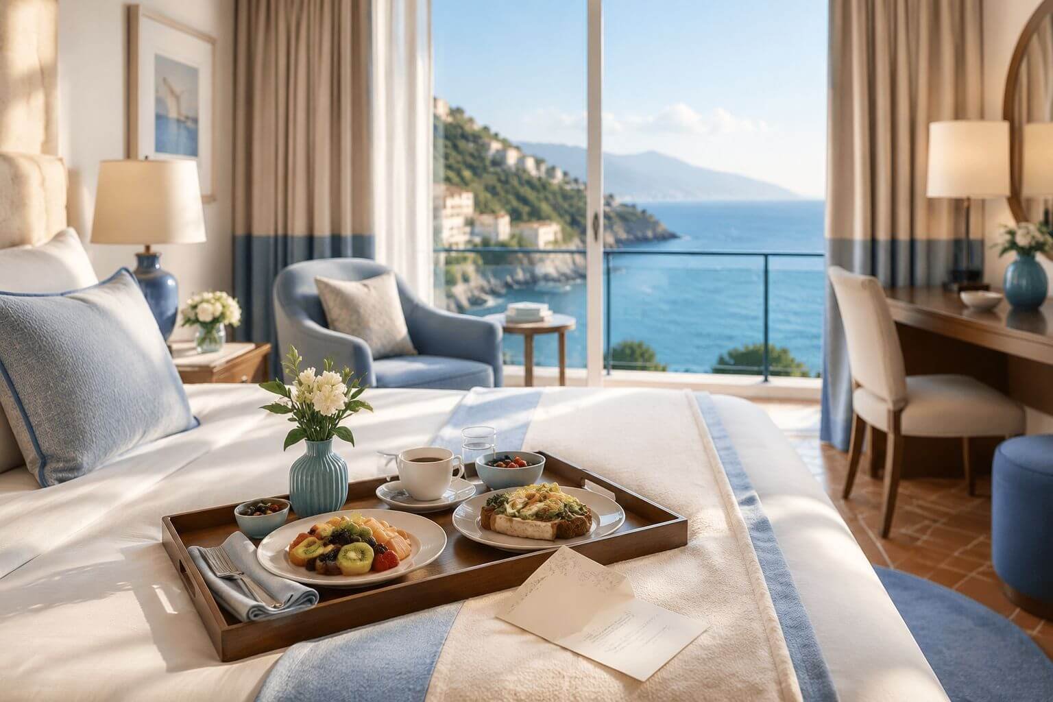 Landscape luxury hotel interior photograph showing a sunlit Fine Hotels & Resorts suite with a king bed turned down, a tray