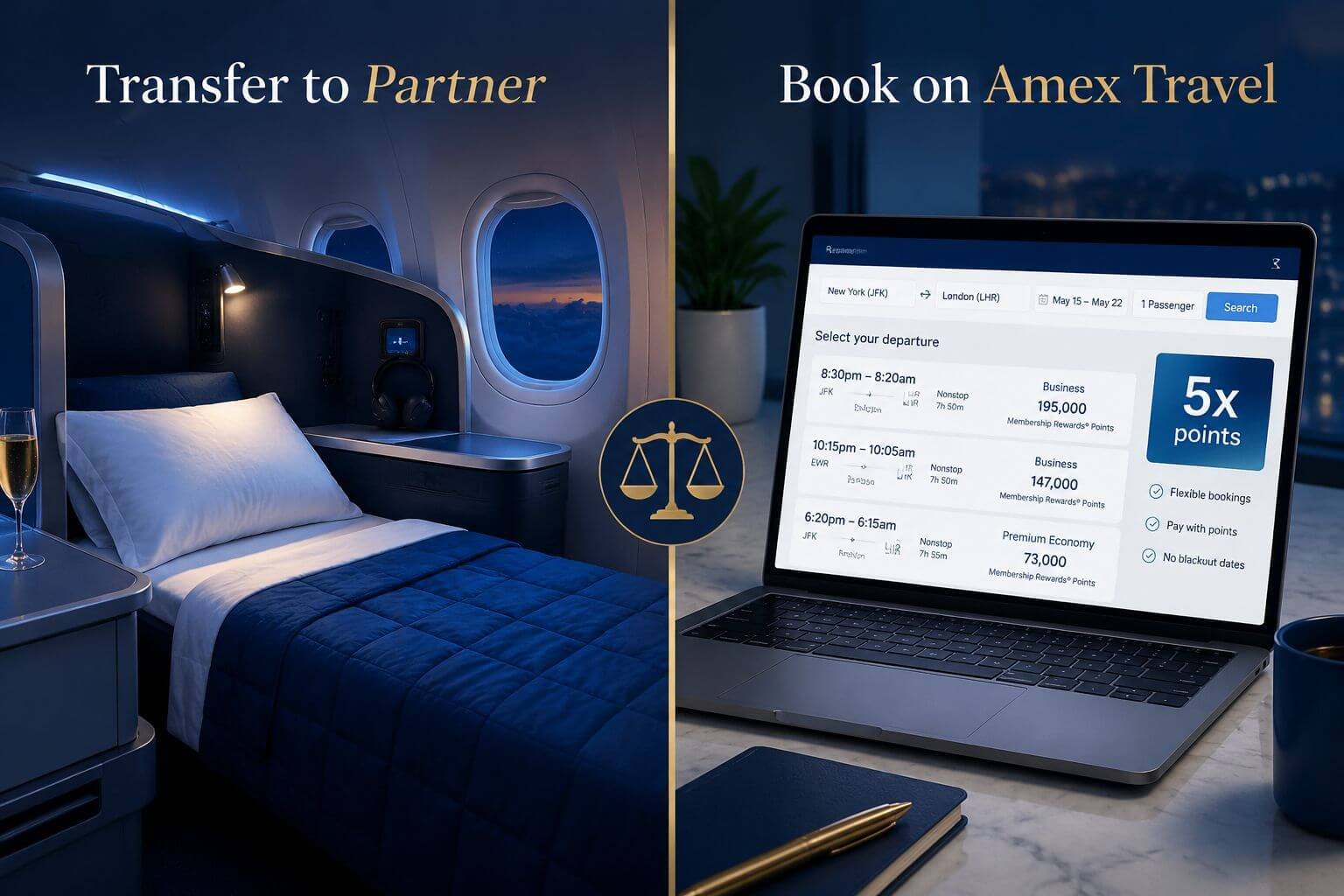 Landscape split-screen comparison visual: left half shows a business class cabin seat with lie-flat bed in deep blue tones