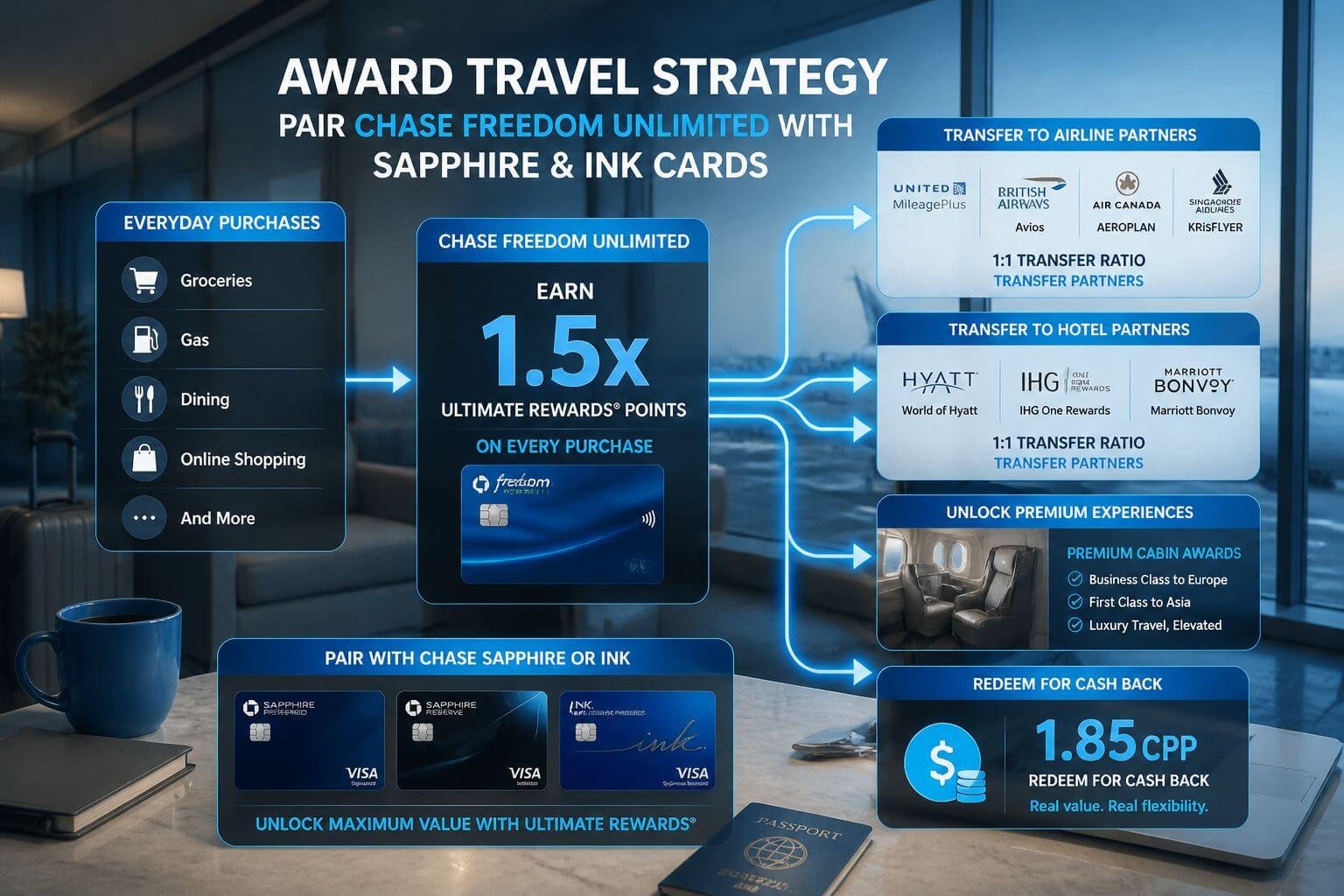 Chase Freedom Unlimited Credit Card Review 2026: Earning Rates, Sign-Up Bonus, and Pairing Strategy () award travel strategy illustration for pairing the chase freedom unlimited credit card with Chase Sapphire Preferred,
