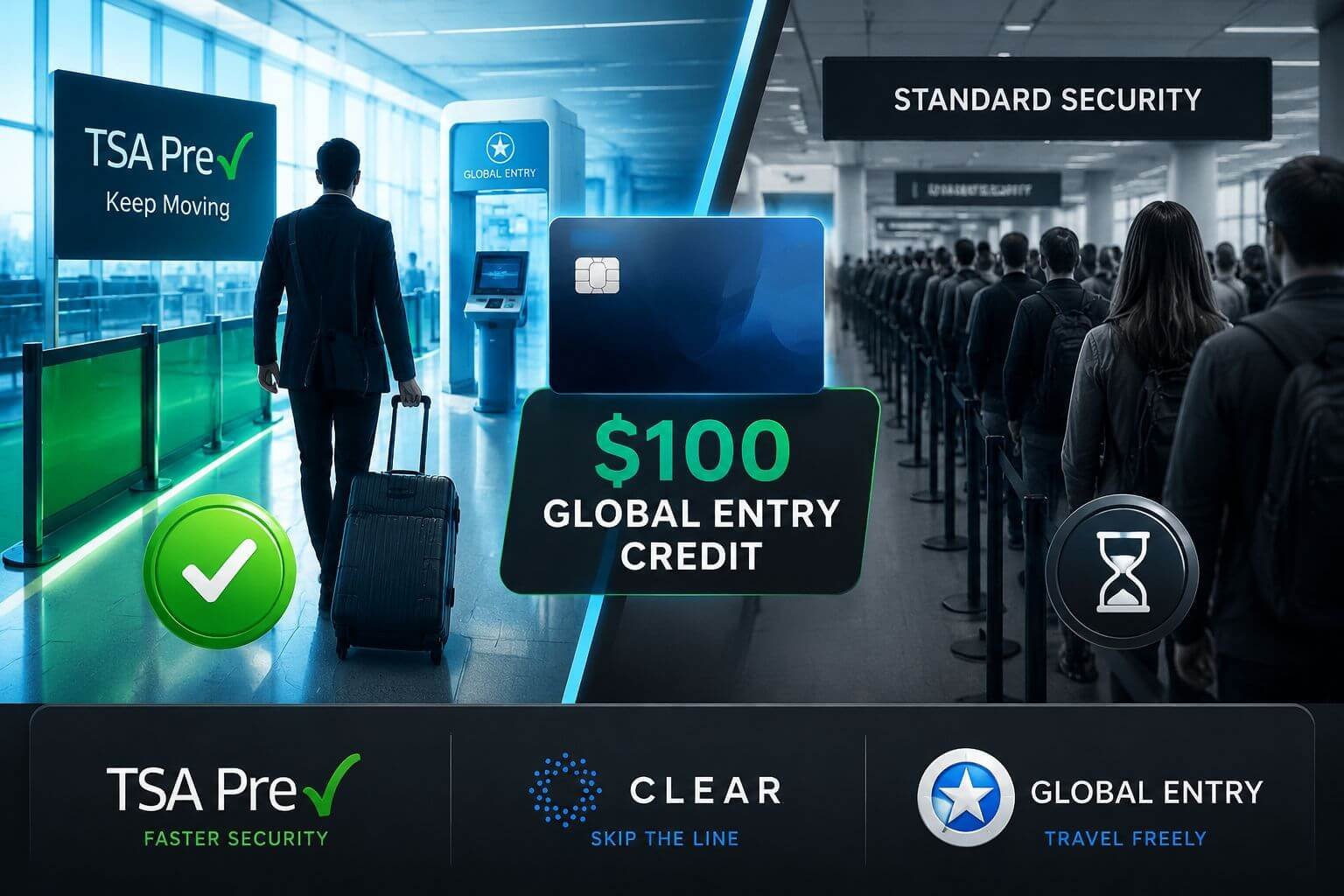Credit Card Travel Perks 2026: 18 Benefits That Save Money and Stress on Every Trip () creative split-screen comparison graphic showing two traveler silhouettes at an airport: left side traveler breezing
