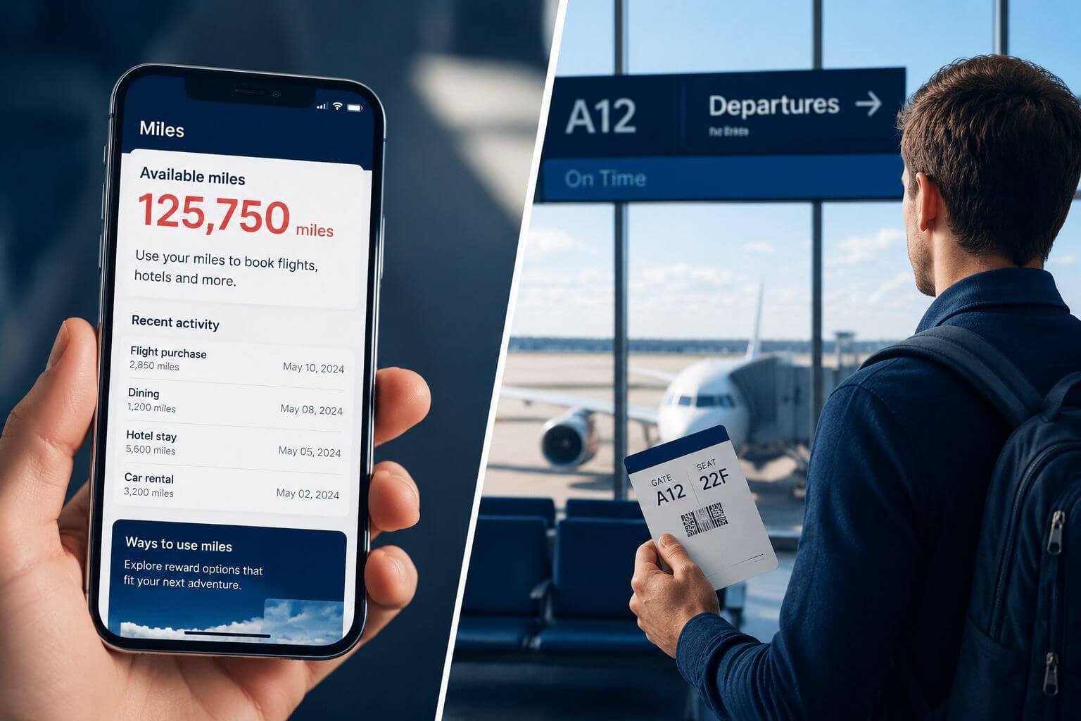() editorial illustration showing a split-screen concept: left side displays a Capital One miles balance dashboard on a
