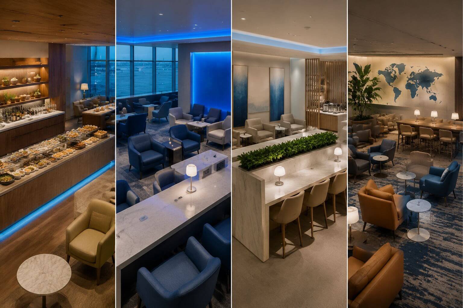 Credit Card Travel Perks 2026: 18 Benefits That Save Money and Stress on Every Trip () editorial illustration showing four distinct airport lounge environments side by side in a split-panel layout: an Amex