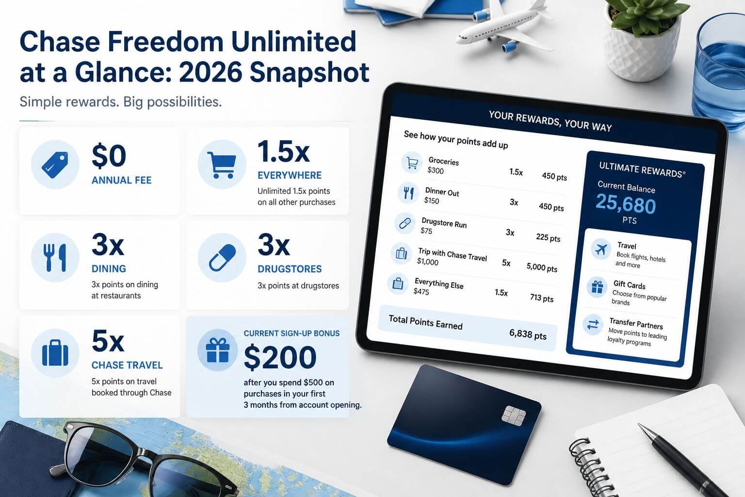 Chase Freedom Unlimited Credit Card Review 2026: Earning Rates, Sign-Up Bonus, and Pairing Strategy () editorial infographic image for the section "Chase Freedom Unlimited at a Glance: 2026 Snapshot" showing a clean