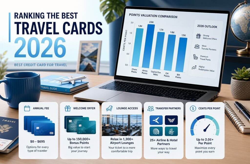 () editorial infographic scene for the section How We Ranked the Best Travel Cards for 2026, showing a clean desk with a