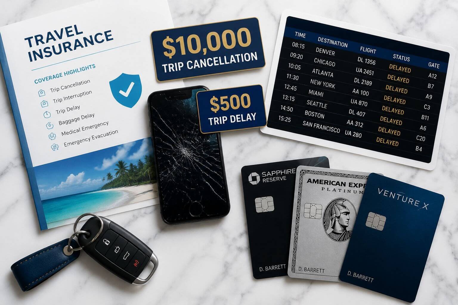 Credit Card Travel Perks 2026: 18 Benefits That Save Money and Stress on Every Trip () flat-lay overhead shot on a white marble surface showing travel insurance documents, a cracked smartphone screen
