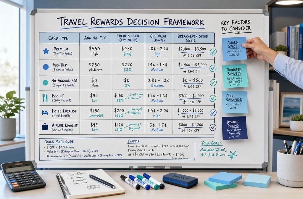 () practical decision-framework illustration for the section Annual Fee Break-Even Matrix by Travel Spend. Show a large