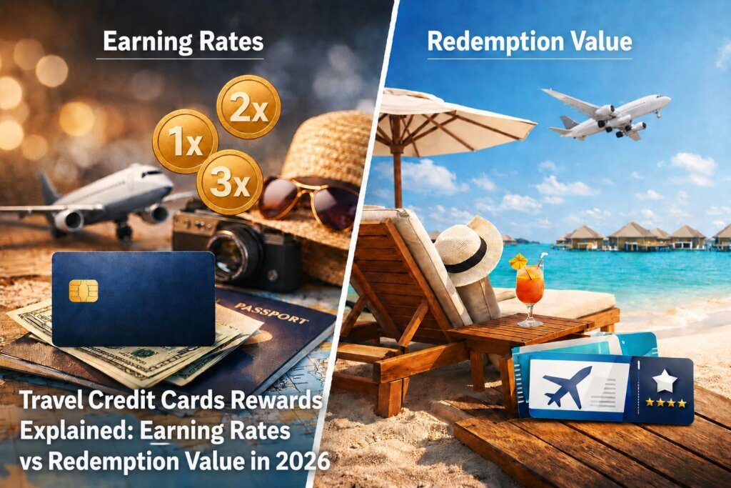 A split image: left side shows credit cards, passports, and hats labeled with earning rates (1x, 2x, 3x), visually illustrating how Travel Credit Cards Rewards are earned; right side shows a beach, lounge chairs, and travel items, representing redemption value with an airplane in the sky—Travel Credit Cards Rewards Explained.