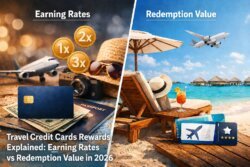 A split image: left side shows credit cards, passports, and hats labeled with earning rates (1x, 2x, 3x), visually illustrating how Travel Credit Cards Rewards are earned; right side shows a beach, lounge chairs, and travel items, representing redemption value with an airplane in the sky—Travel Credit Cards Rewards Explained.
