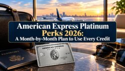 A passport, sunglasses, and an American Express Platinum card rest on a table at an airport lounge, with a plane visible outside. Text: Make the most of your American Express Platinum perks in 2026—discover a month-by-month plan to use every credit.