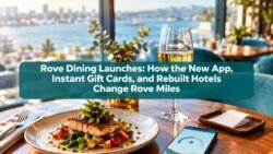 A restaurant table with grilled fish, salad, a glass of white wine, and a phone displaying an app; city skyline and water are visible through large windows. Text overlay discusses dining, gift cards, hotels, the upcoming launch of Rove Dining 2026, and exciting new app features.