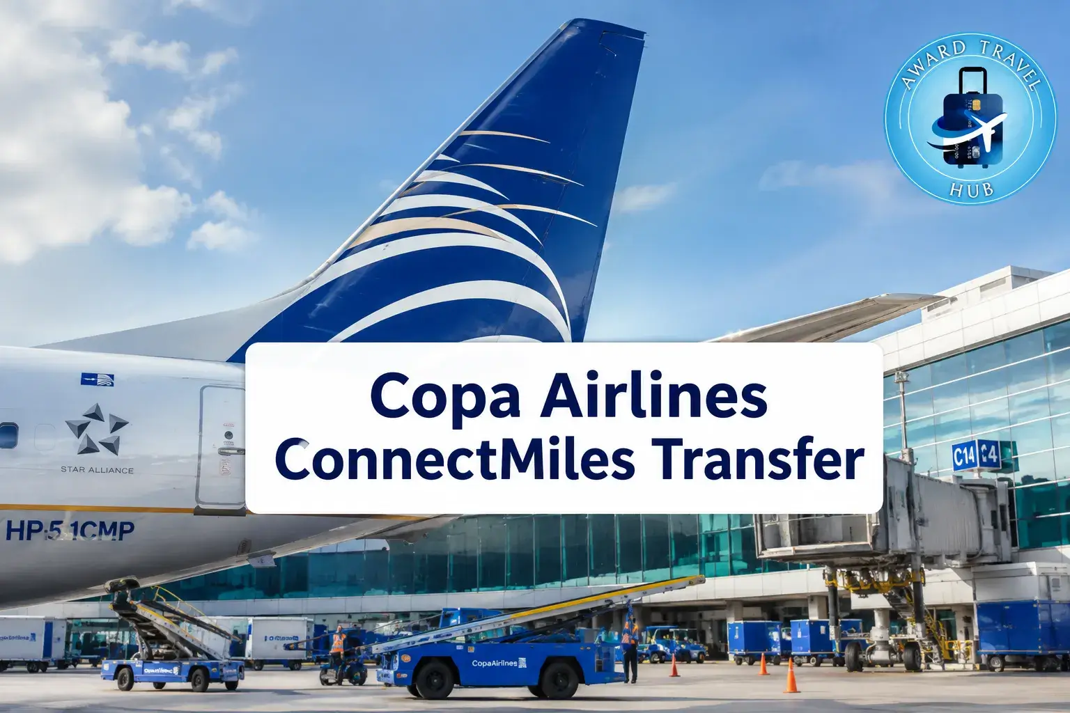 Professional () hero image with (≤42 chars): 'Copa Airlines ConnectMiles Transfer', navy on a crisp white panel, centered
